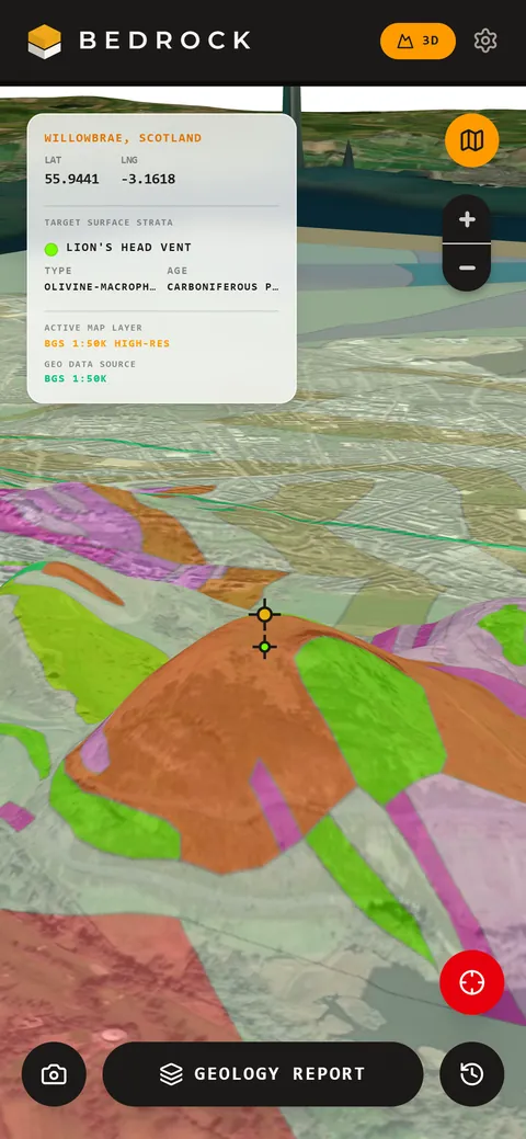 Bedrock showing the rock beneath a map pin