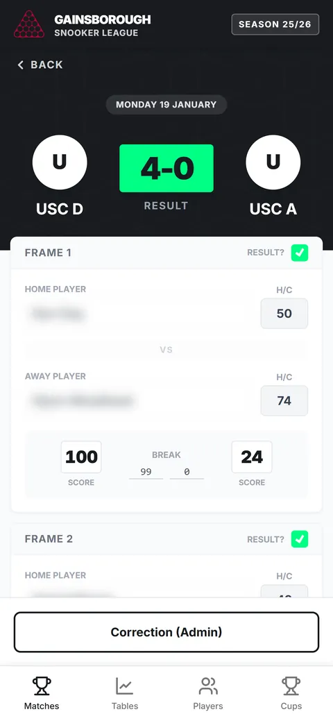 Snooker League live scoring screen